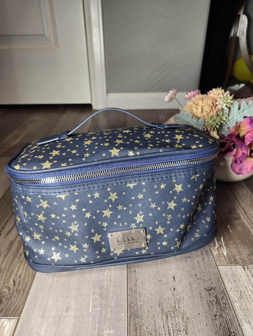 NWT Nicole Miller Navy Star Cosmetic Train Case Toiletry Carrying Bag